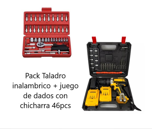 Pack Taladro Inalambrico + juego dados 46pcs